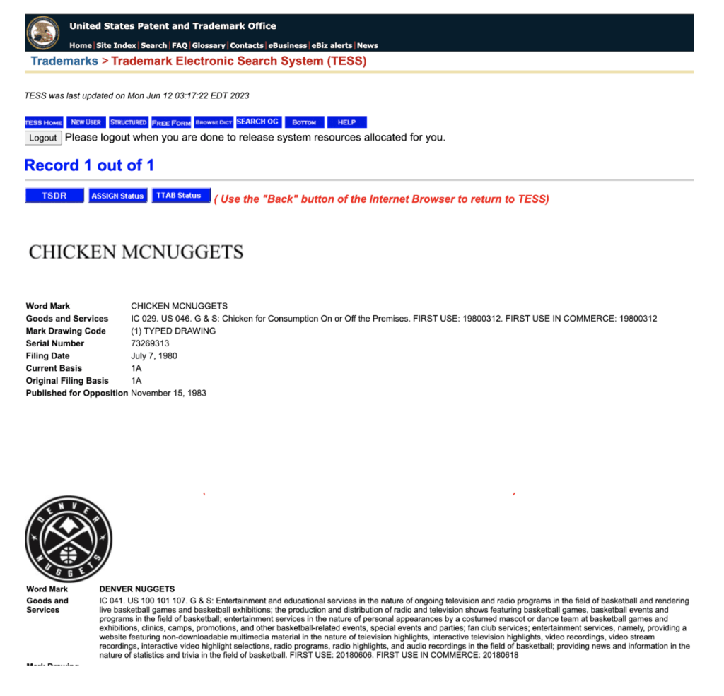 trademark coexistence between denver nuggets and mcdonalds mcnuggets trademark registration record in USPTO